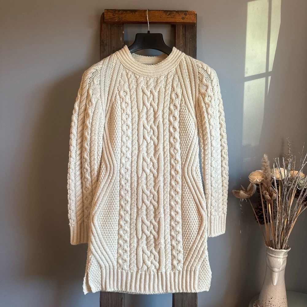 Aran Market Sweater Dress Womens XS Cream Cable Knit Merino Wool Irish